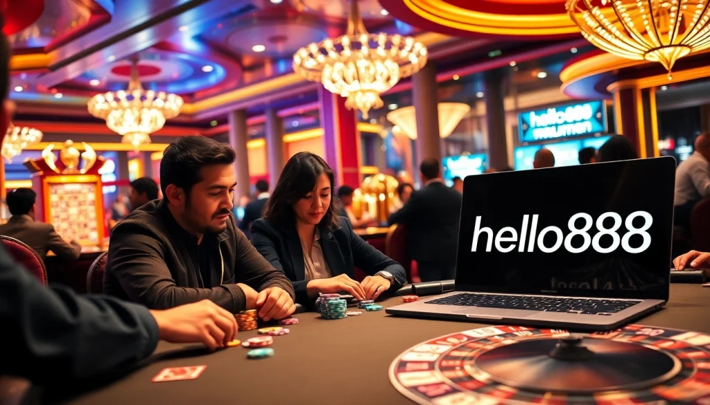 Players engaged in a high-stakes game at hello888 casino, showcasing vibrant poker chips and cards amid casino ambiance.