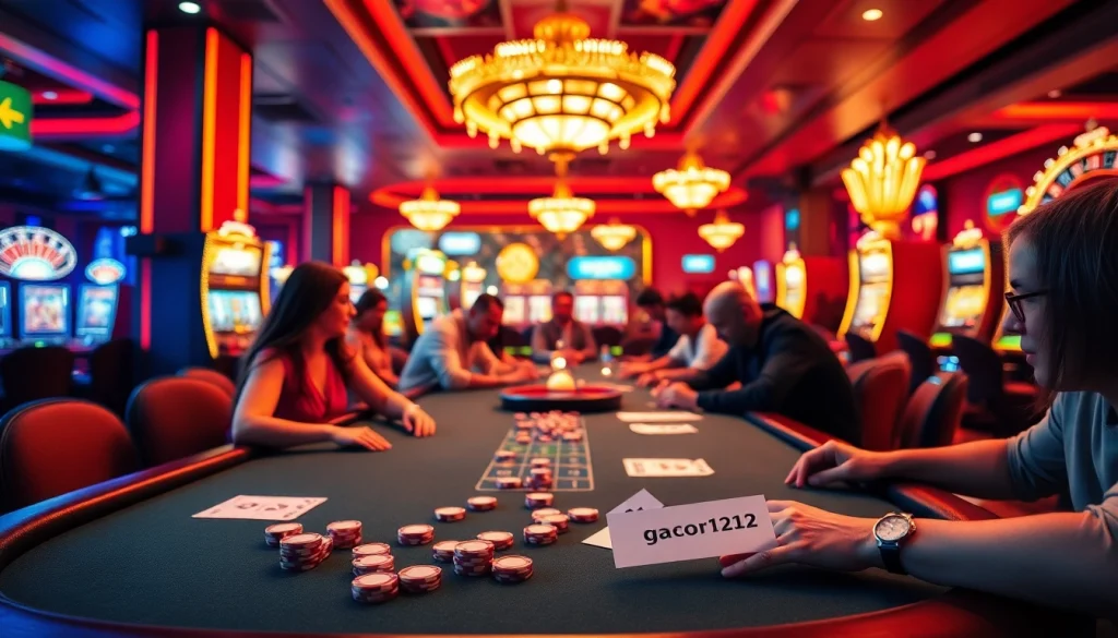 Players enjoying the thrill of poker at "gacor123" casino, surrounded by vibrant slot machines.
